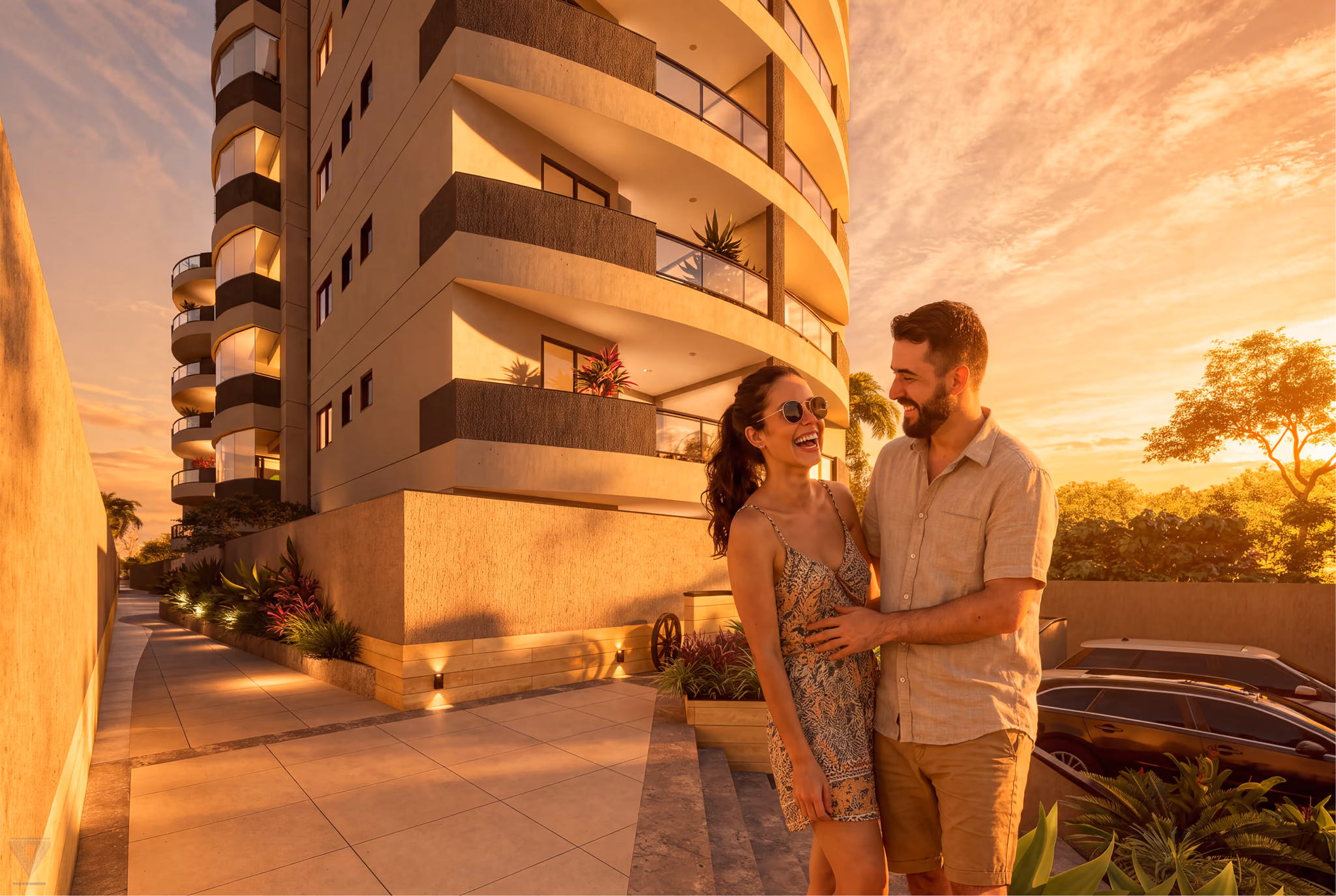 Casal na entrada do edifício ao pôr do sol, com a fachada curva ao fundo