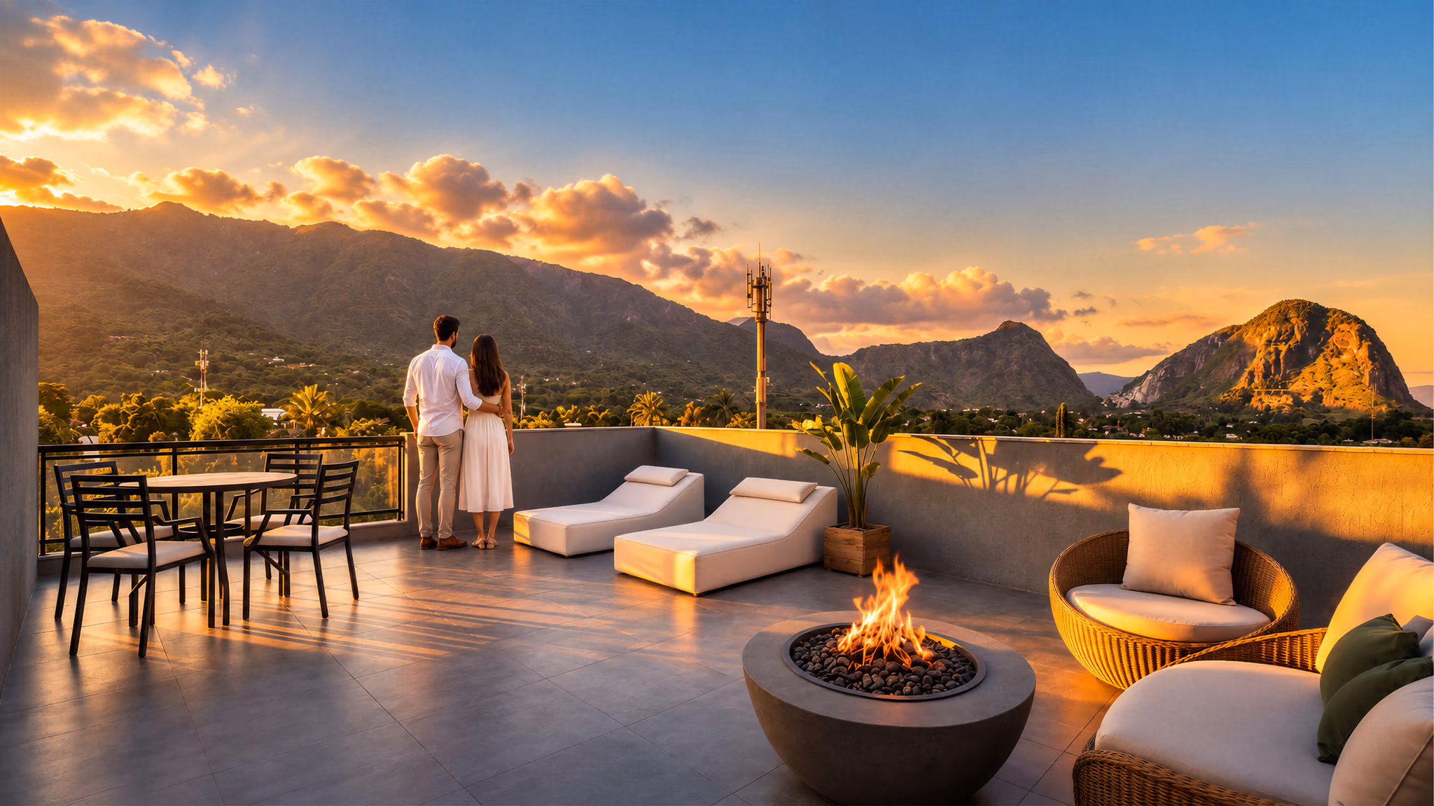 Terraço da cobertura com lareira, espreguiçadeiras e vista para as montanhas