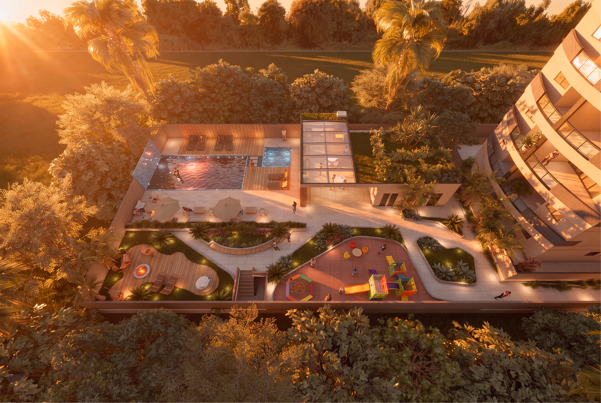 Vista aérea da área de lazer, com piscina, playground e jardins