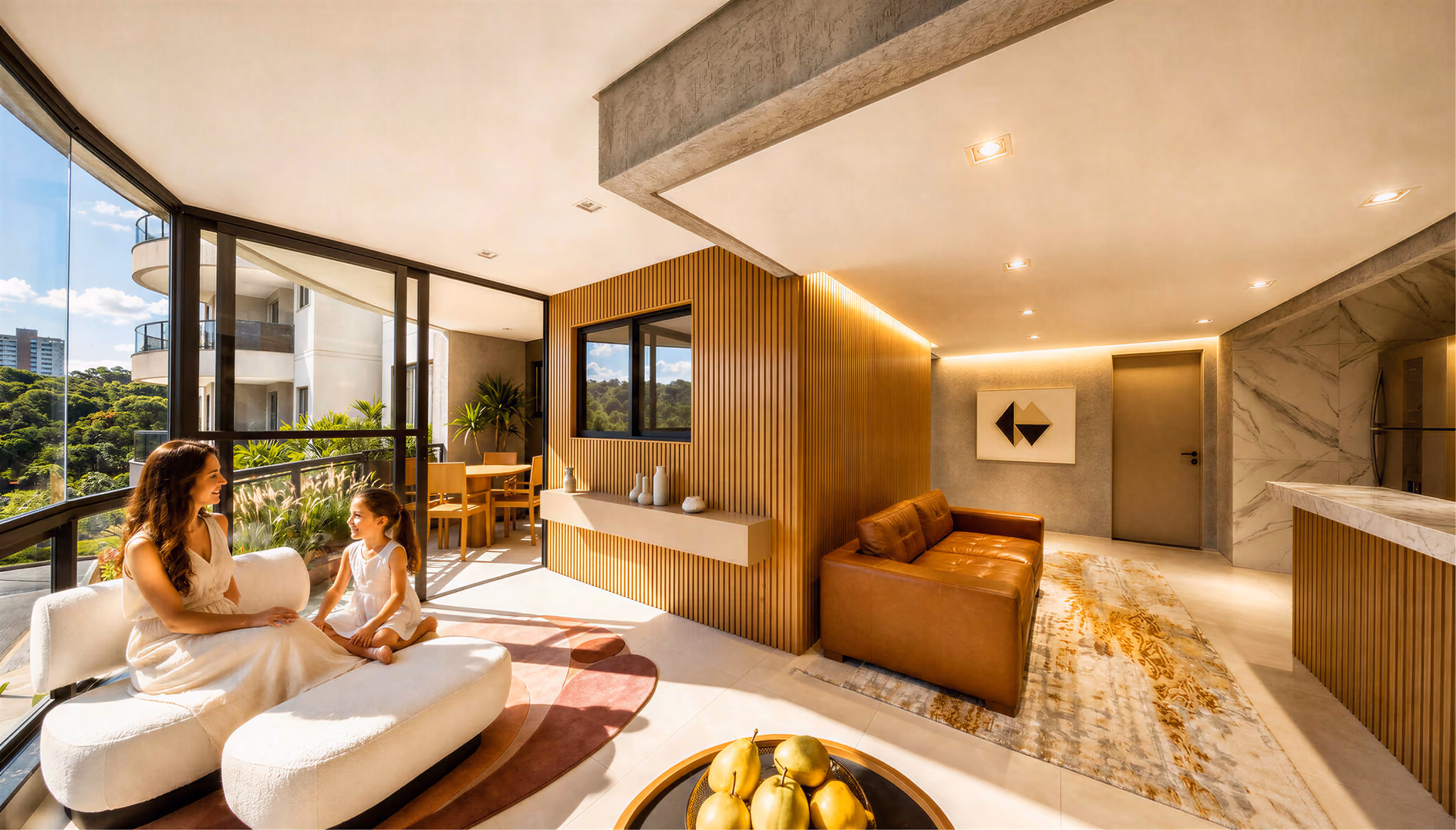 Sala de estar integrada com varanda de vidro, onde mãe e filha relaxam