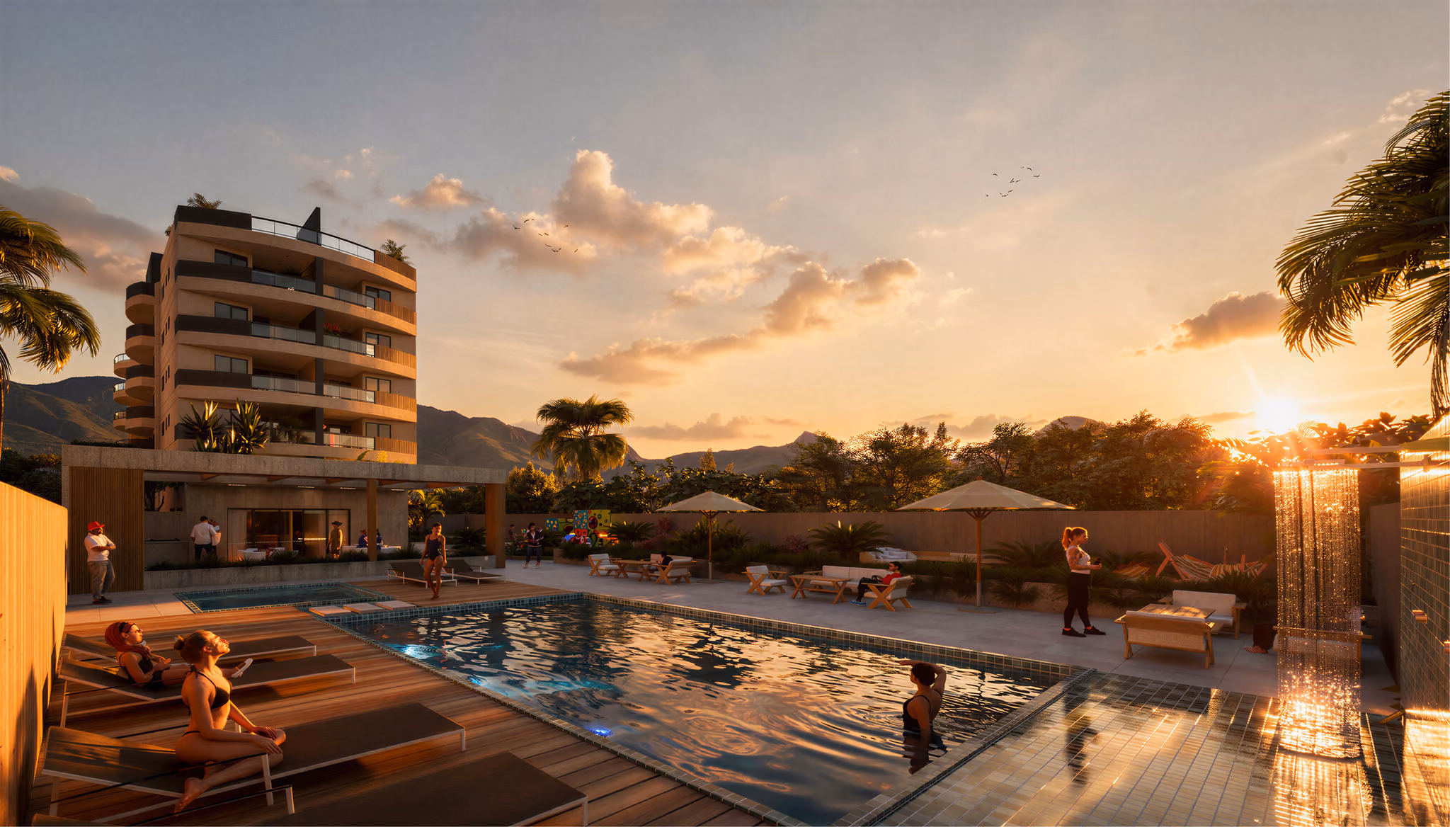 Piscina do condomínio com deck de madeira e o edifício ao fundo