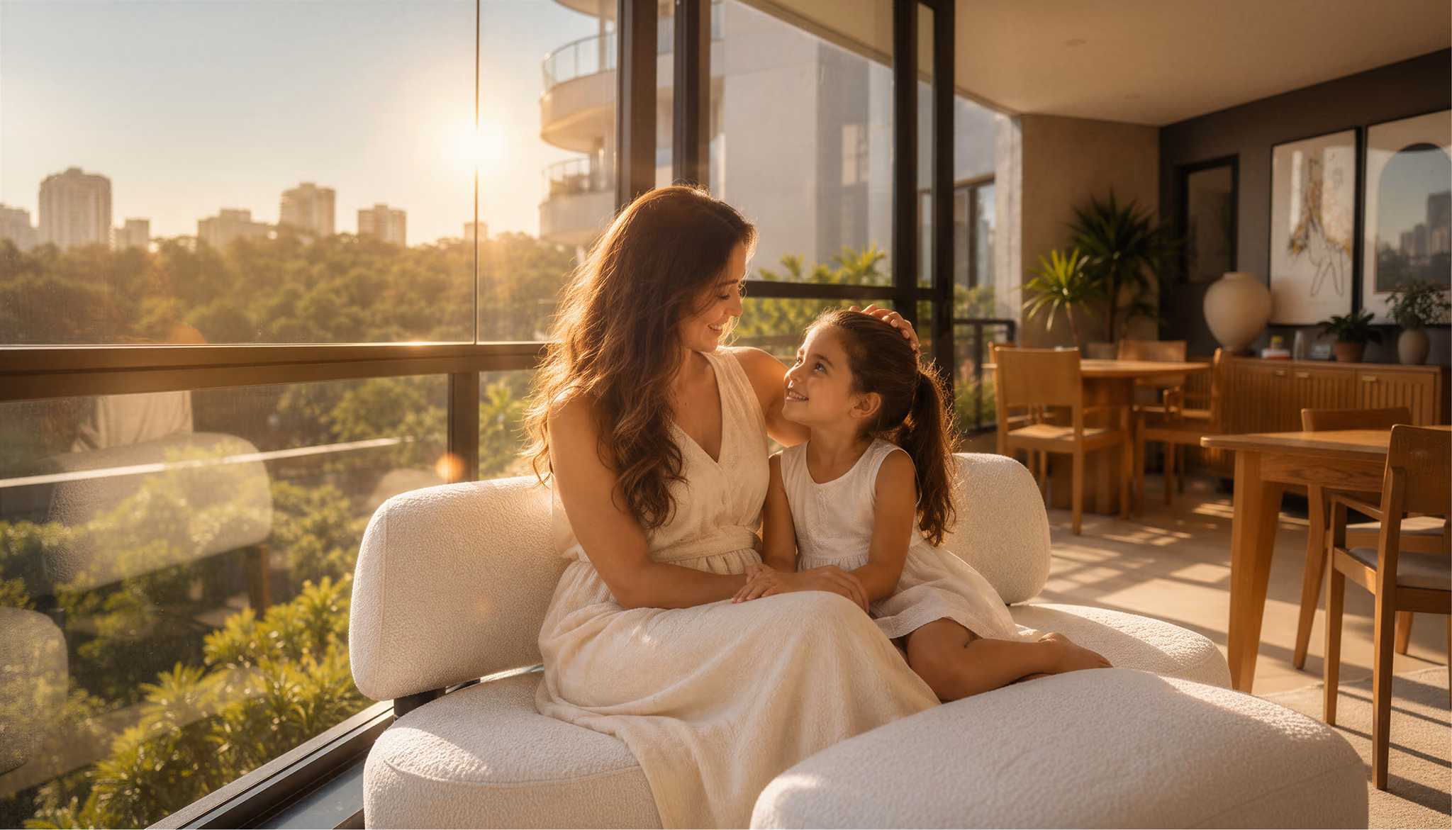Varanda envidraçada com sofá branco e vista para o verde ao entardecer