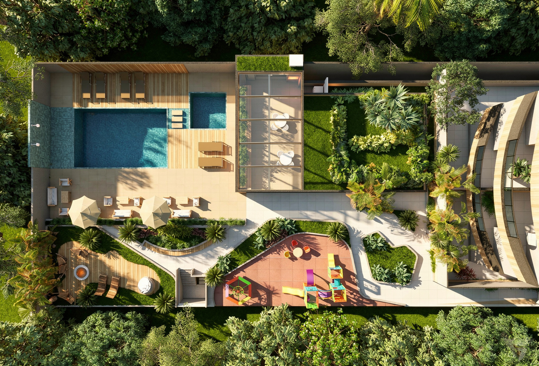 Vista aérea das áreas comuns: piscina, jardins e espaços de convivência