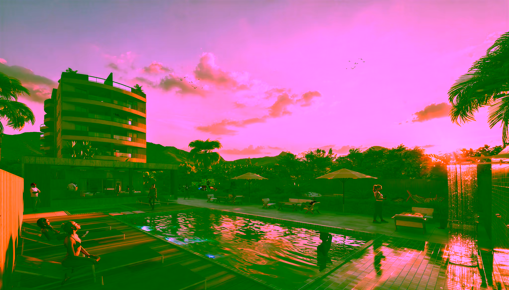 Piscina do condomínio com deck, espreguiçadeiras e vista para o prédio