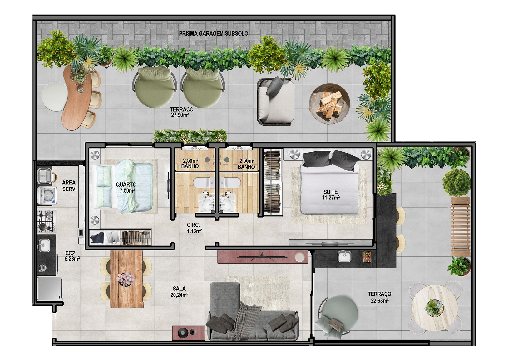Planta baixa garden, 104,55 m², 2 dormitórios, 1 suíte, sala e cozinha