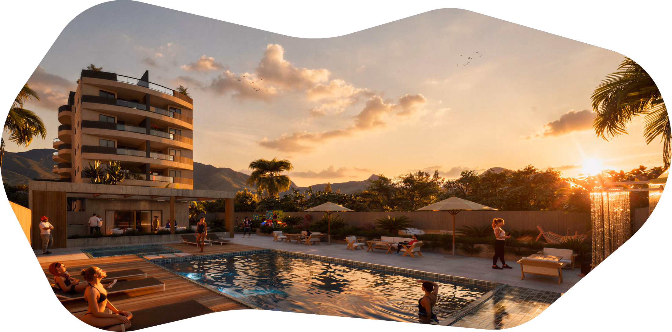 Área de lazer do Vale das Montanhas, com piscina, deck de madeira e vista para as montanhas